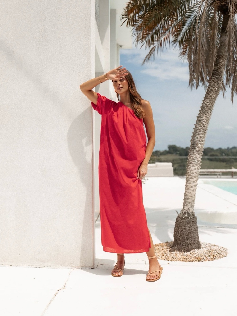 NWT Petal & Pup Roma One-Shoulder Midi Dress in Red - wedding guest - size XL